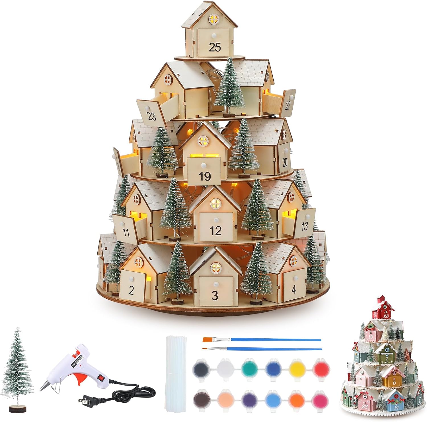 Geelin Christmas Wooden Village Rotating Advent Calendar with Lighted LED DIY Christmas Countdown to Refillable Wood Advent Calendar with Drawers for Xmas Home Indoor Holiday Decorations