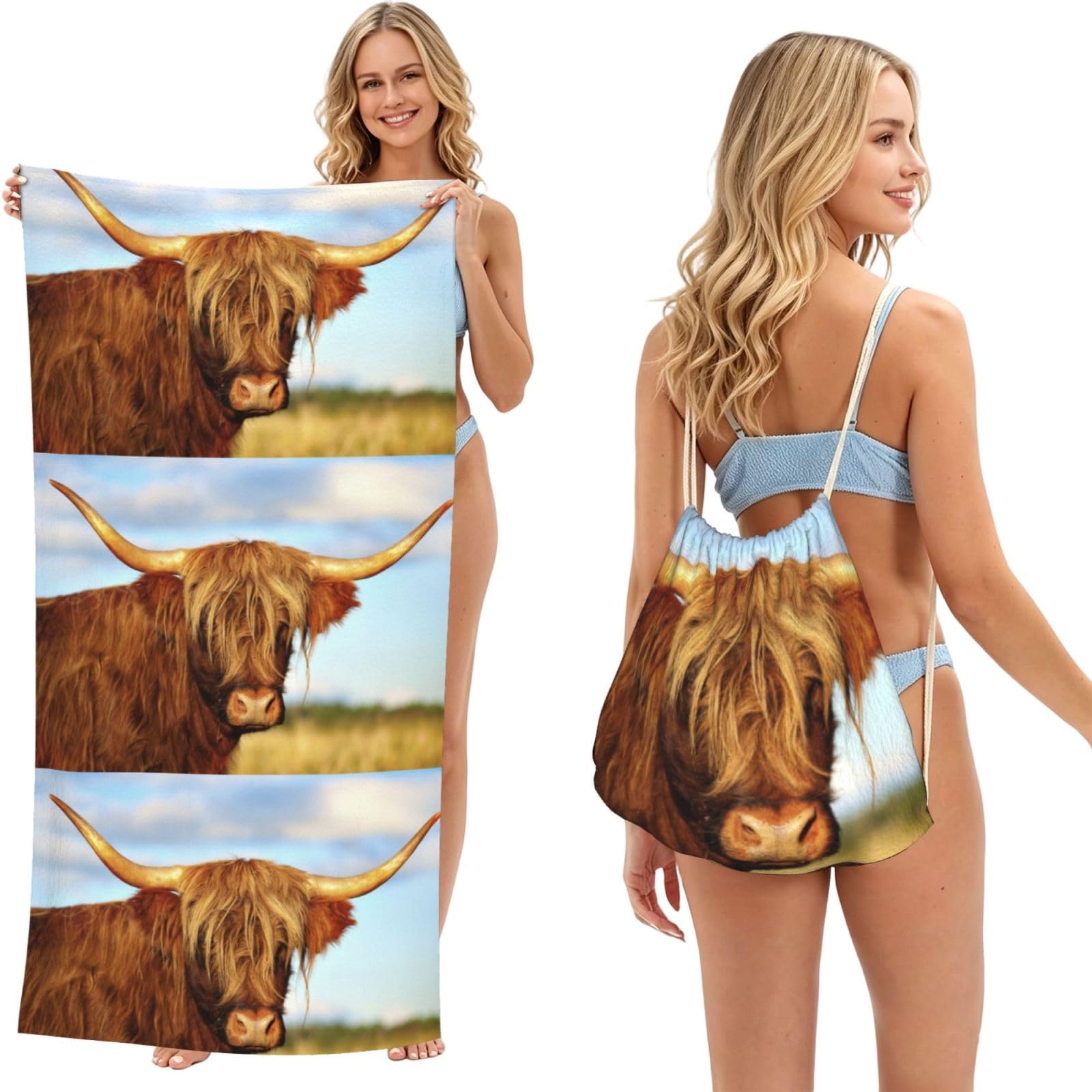 Poadnly As Picture Highland Cow Printed, 2 In 1 Packable Towel Bag, Beach Towels With Drawstring Backpack For Travel Holiday Camping