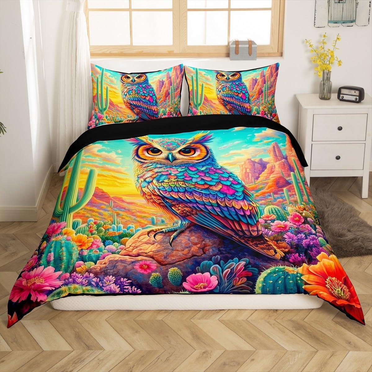Owl Duvet Cover Set Toddler Size,Tropical Cactus Flowers Western Desert Bedding Set,Boys Girls Room Decor,Wildlife Jungle Animal Rustic Comforter Cover,Blue Green Quilt Cover,1 Pillowcase,No Filler