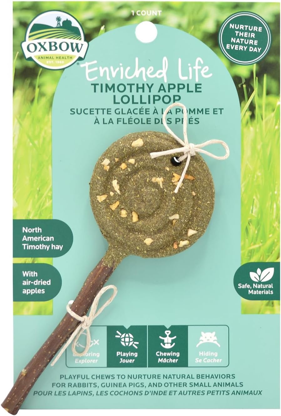 Enriched Life Timothy Lollipop - Apple, Rabbit Toys, Guinea Pig Toys, Enrichment for Bunny, Guinea Pig, Hamster, Rabbit, Chinchilla, Made with Timothy Hay, Chinchilla Cage Accessories
