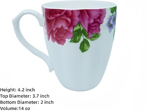 Miniatura 2 de Taza de café de porcelana rosa de 14 onzas, taza de café con diseño de hueso floral, taza de té para mujeres, mamá, amiga (rojo)