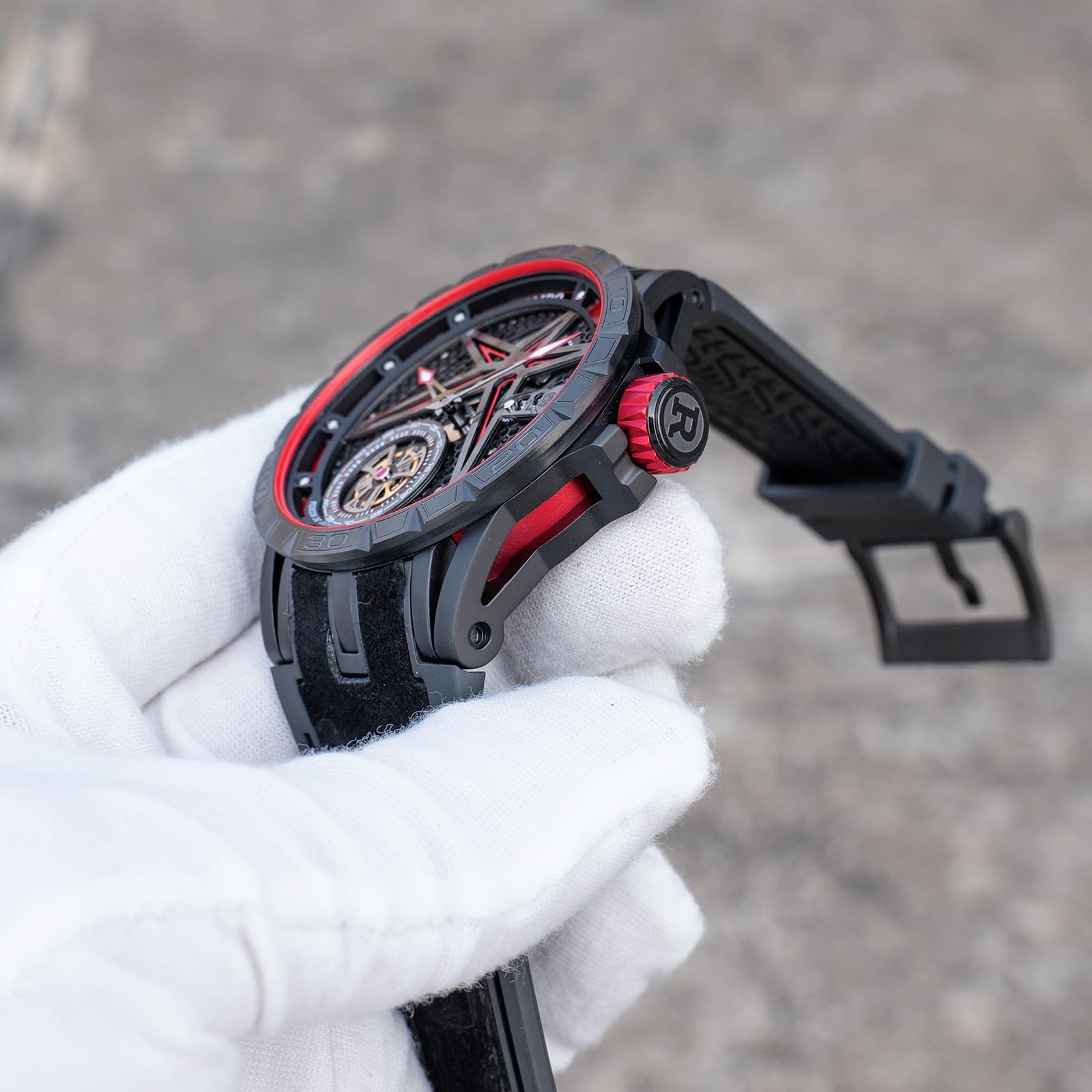 OBLVLO Męski 46 mm mechaniczny automatyczny zegarek maszynowy z wydrążoną tarczą 50 m wodoodporny gumowy pasek wojskowy zegarek RD-901