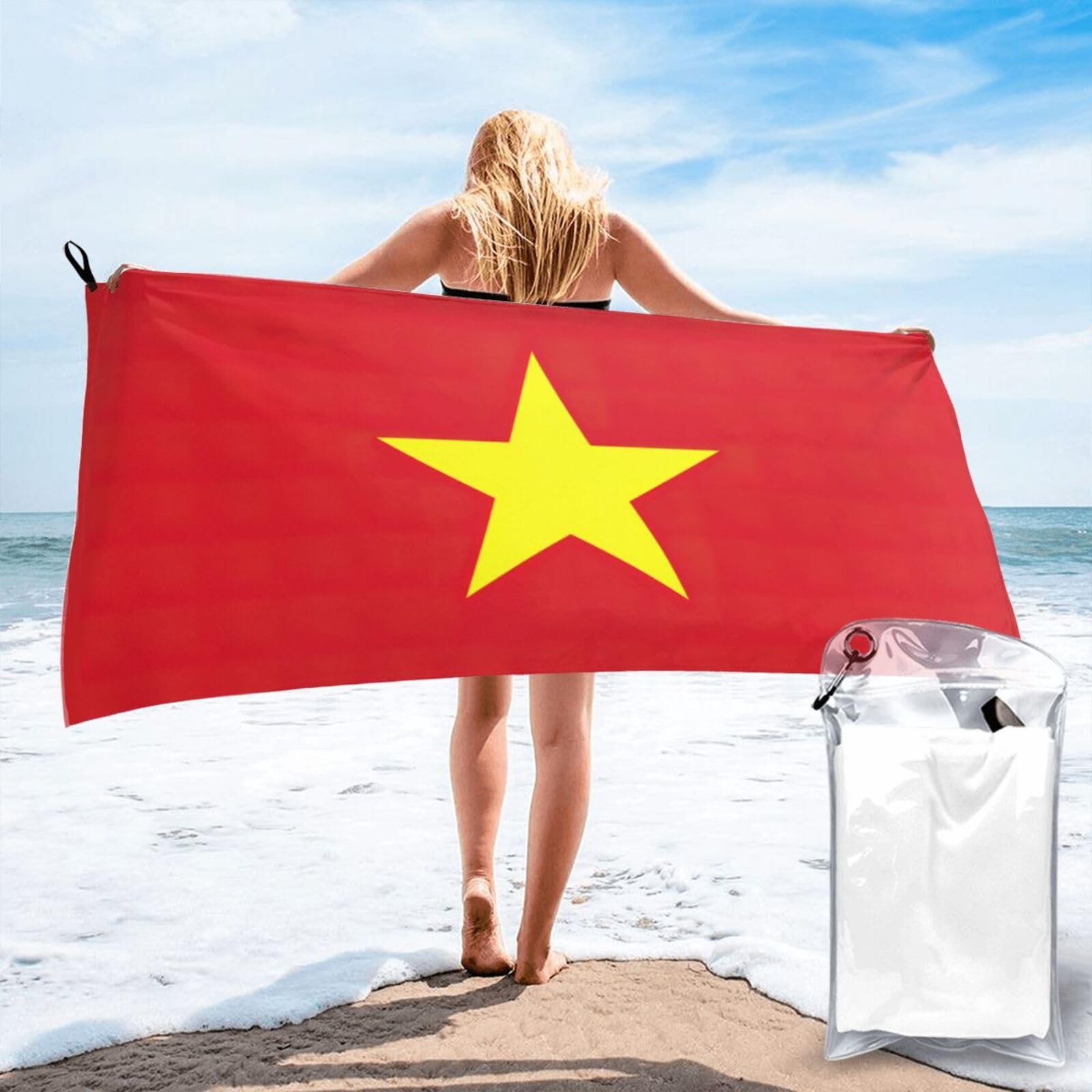 Tiaopig Women's White Vietnamese Flag Print Microfiber Beach Towel Quick Dry Lightweight Thin For Travel, Large Compact Pool Towel 31.5"X63"