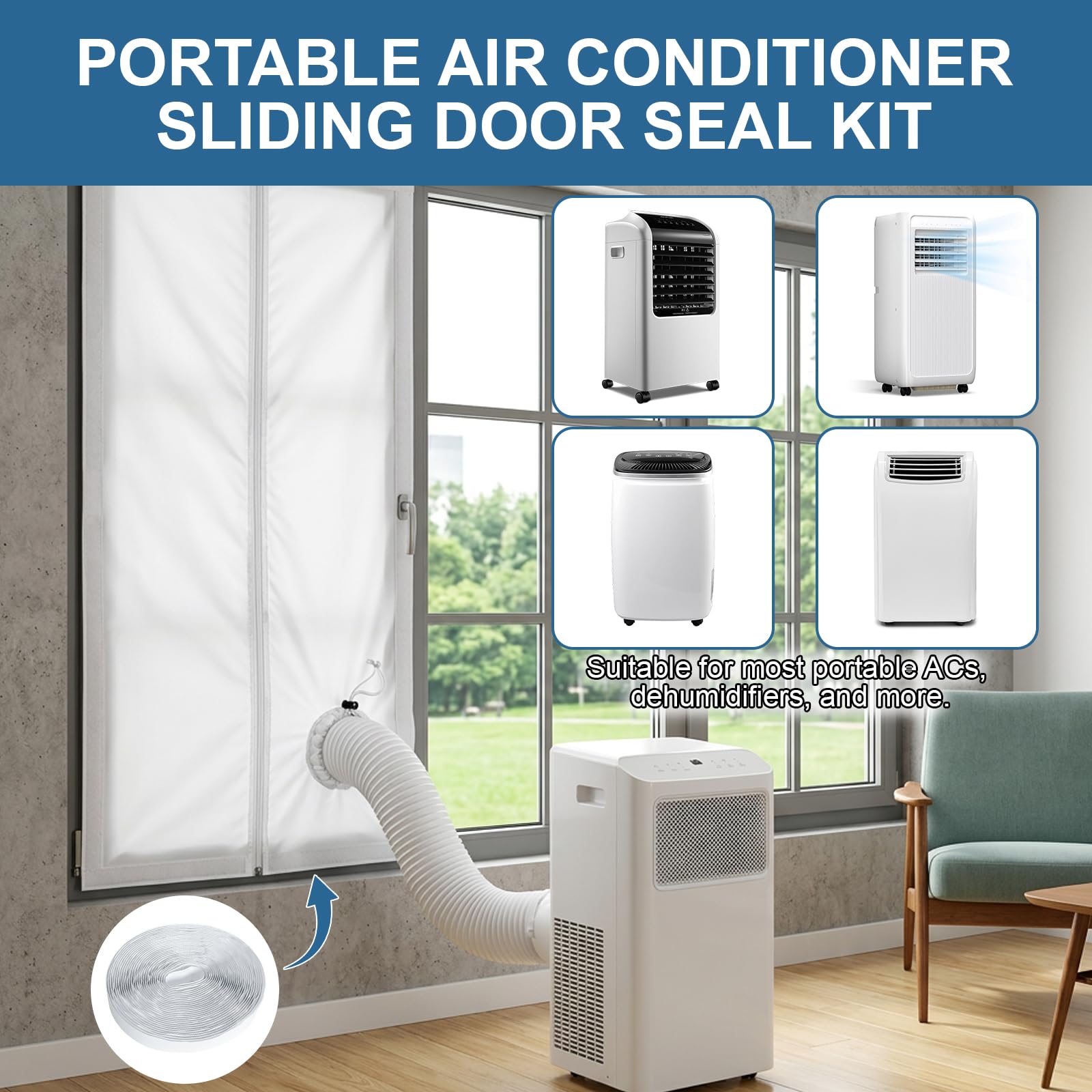 Ninonly Kit Puerta Corredera Aire Acondicionado Portatil con Cremallera 7m Velcro Fácil Instalación,Bloquea el Aire Caliente para Aires Acondicionados Portatil para Puertas (100x210cm)