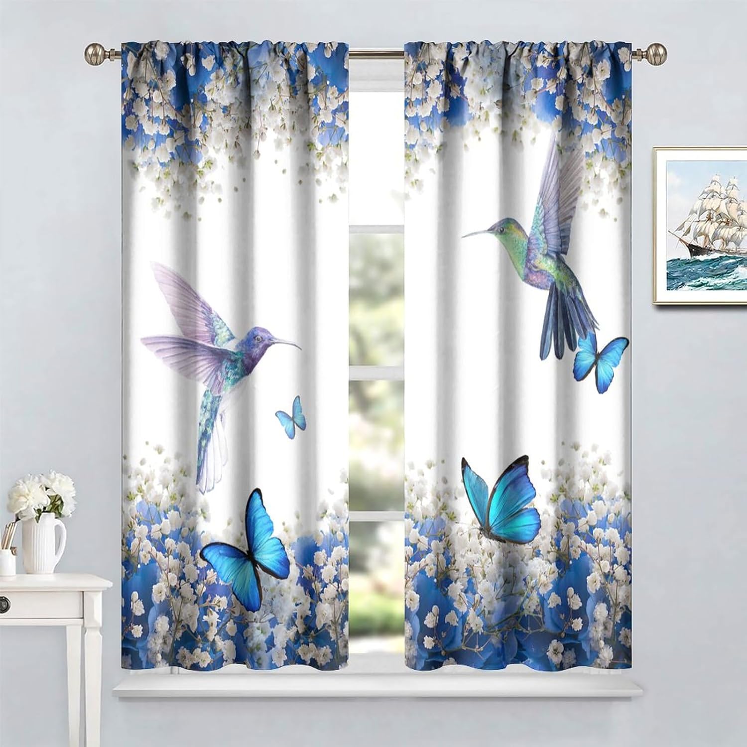 Hummingbird Flower Curtains Watercolor Spring Garden Theme Blue Flowers Butterfly Hummingbird Pattern Printed Curtains Bedroom Living Room Decoration Blackout Curtains W42 * L45 Inches