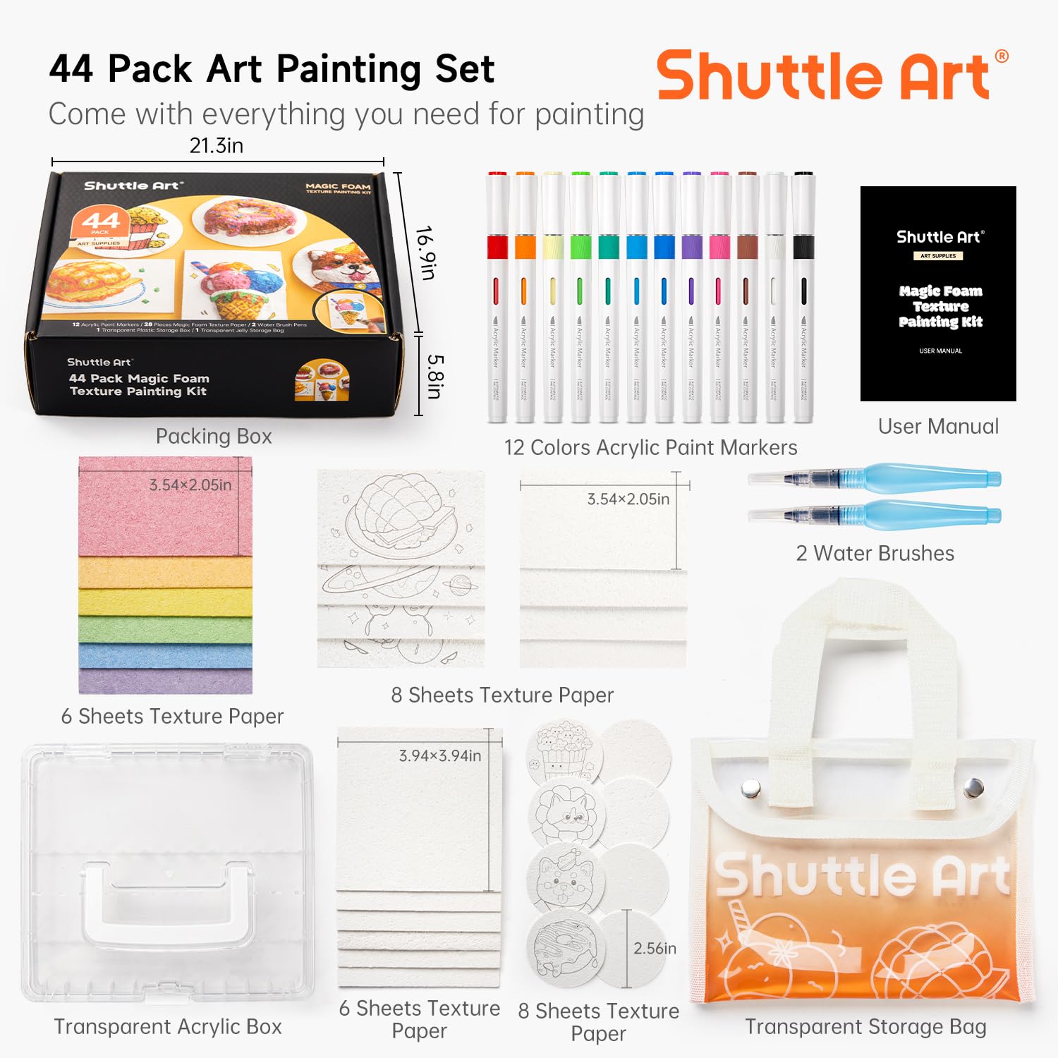 Shuttle Art 44PCS Kit de Peinture à Texture Magique avec 28 Feuilles de Papier de Peinture Texture Mousse, 12 Couleurs Feutre Acrylique Pinceau, Peinture Gonflante Eponge de Dessin 3D