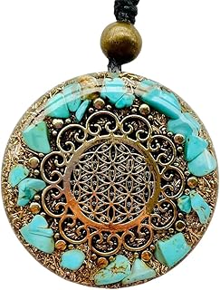 Orgone Necklace, Sacred Geometry Flower Life Healing Crytals Stones, Pendant Orgonite Turquoise Rose Quartz, Protection Energy Jewelry Women Yoga Handmade Arte Orgones Design