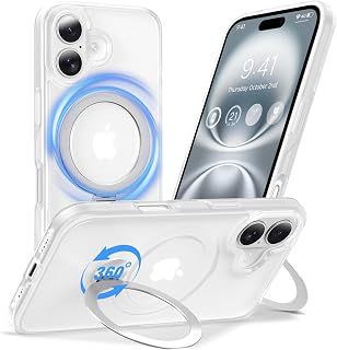 Anqrp 360° All-in-One-Ständerhülle für iPhone 16 Hülle mit Rotierbarem Magnetischem Ständerringhalter, Kompatibel mit MagSafe, Matt Stoßfeste MIL-Grade-iPhone 16 Case 6,1 Zoll, Weiß Nebel