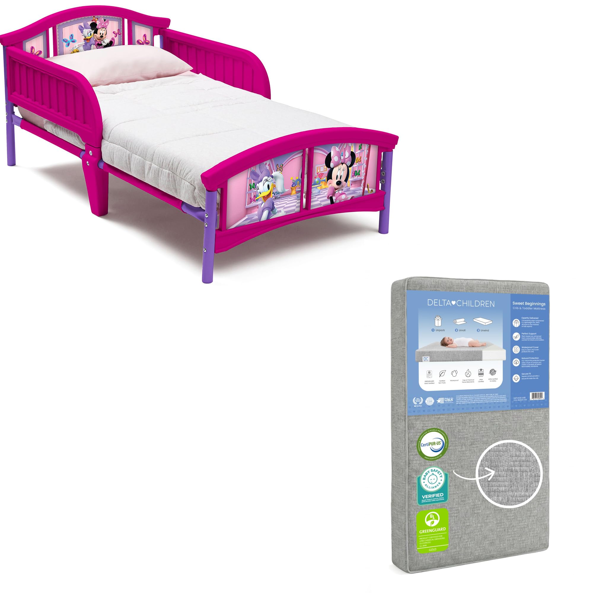 Delta Children Plastic Toddler Bed &amp; Toddler Mattress, Disney Minnie Mouse
