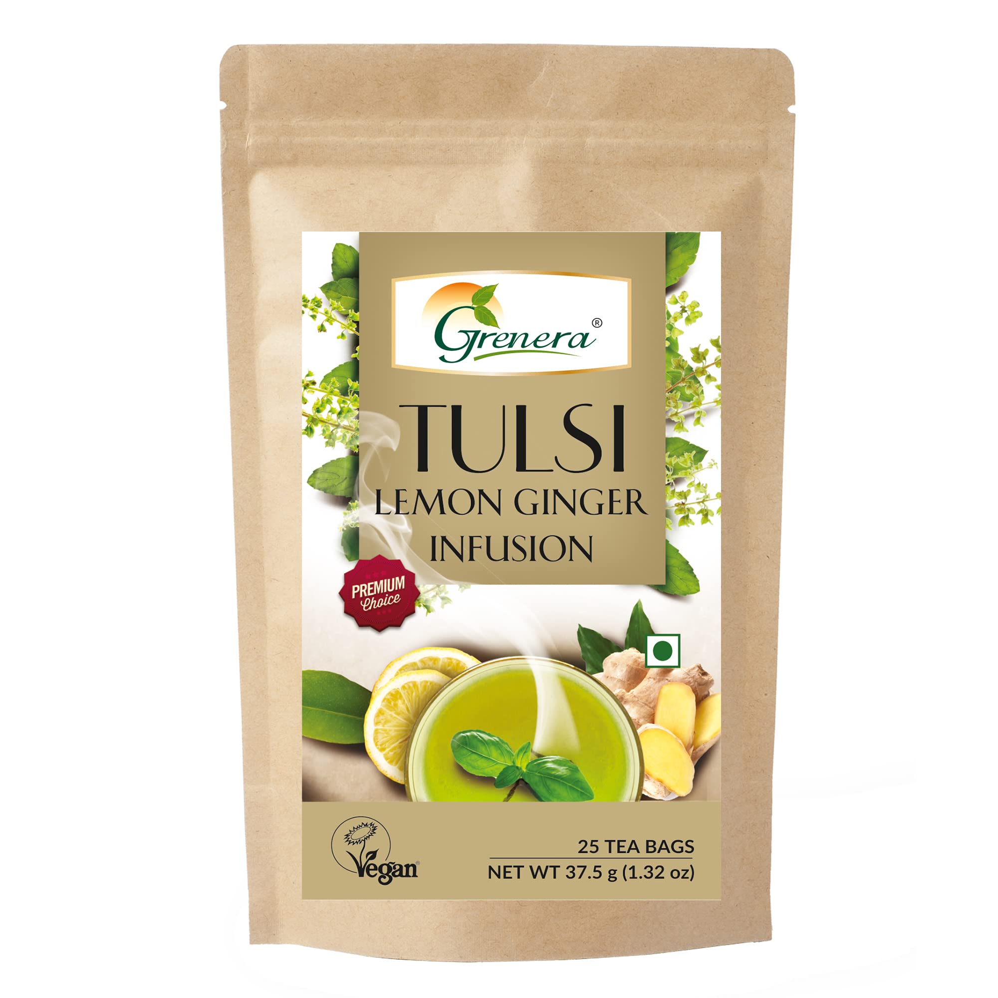 Tulsi Lemon Ginger Infusion 25 Tea Bags | Caffeine Free, Staple Free, Made with Organically Grown Holy Basil Leaves