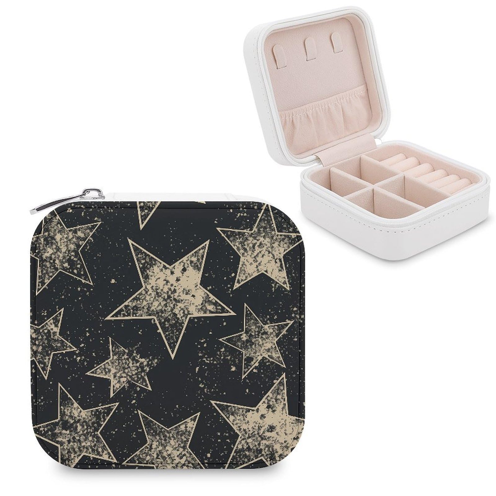 VstaDank Star Travel Jewelry Case Zipper Portable Small Jewelry Box Custom Pu Leather Mini Traveling Jewelry Organizer for Rings Earrings Necklace Bracelet Girls Women