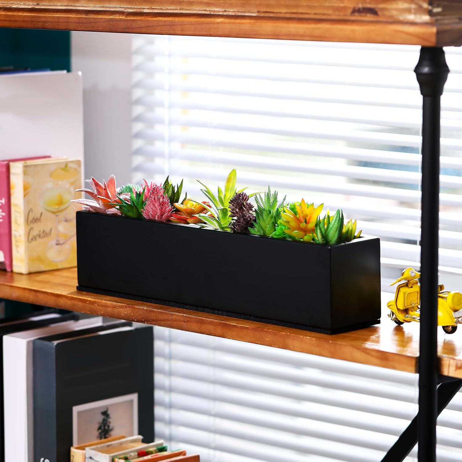 FillTouch 1 Pcs Long Rectangular Planter Box Window Sill Plant Box Metal Water Trough Indoor Large Modern Steel with Drainage Holes Herb Garden Home (16.1 x 3.2 x 3.5 Inch,Black)