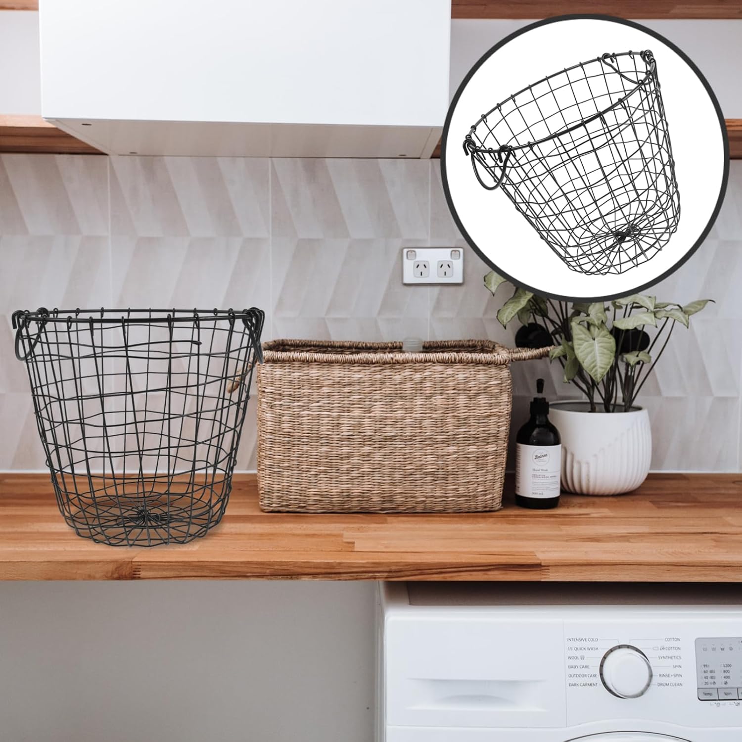 Luxshiny Rustic Bin for Toys Metal Wire Mesh Utility Storage Bin Small Round Laundry Basket with Handles 12x11 Inch Iron Storage Basket and Fireplace Log Holder l