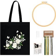 JSRQT Canvas Tote Bag Embroidery Kit for Beginners Adults, Stamped Cross Stitch Starter Kit with White Rose Pattern, Handmade Embroidery Bag Art Craft including Hoop, Needles and Threads, Black
