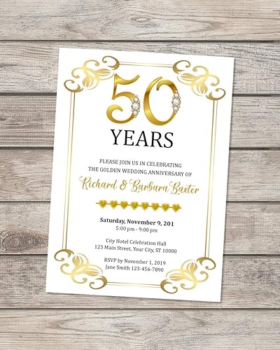 Golden Wedding Anniversary Invitation, Golden 50th Anniversary Invitation, Elegant Formal 50th Anniversary Invite, Gold Border Invitations