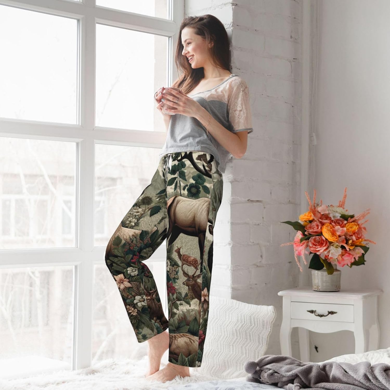 Women'S Elk-Lush-Flowers Fleece Pajama Pants, Cozy Flannel Lounge Bottoms For Women