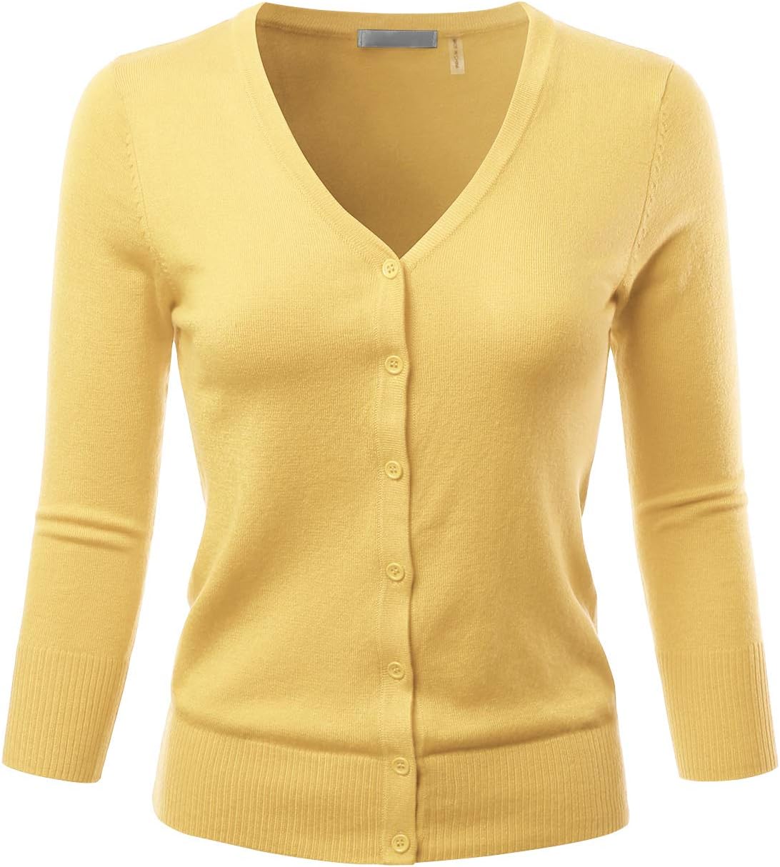 EIMIN Women's 3/4 Sleeve V-Neck Button Down Stretch Knit Cardigan Sweater (S-3X)