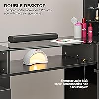 Vista 9 de Mesa de manicura en forma de L con estantes, estación de mesa de uñas con parte superior de cristal, resistente a acetona, con cajones