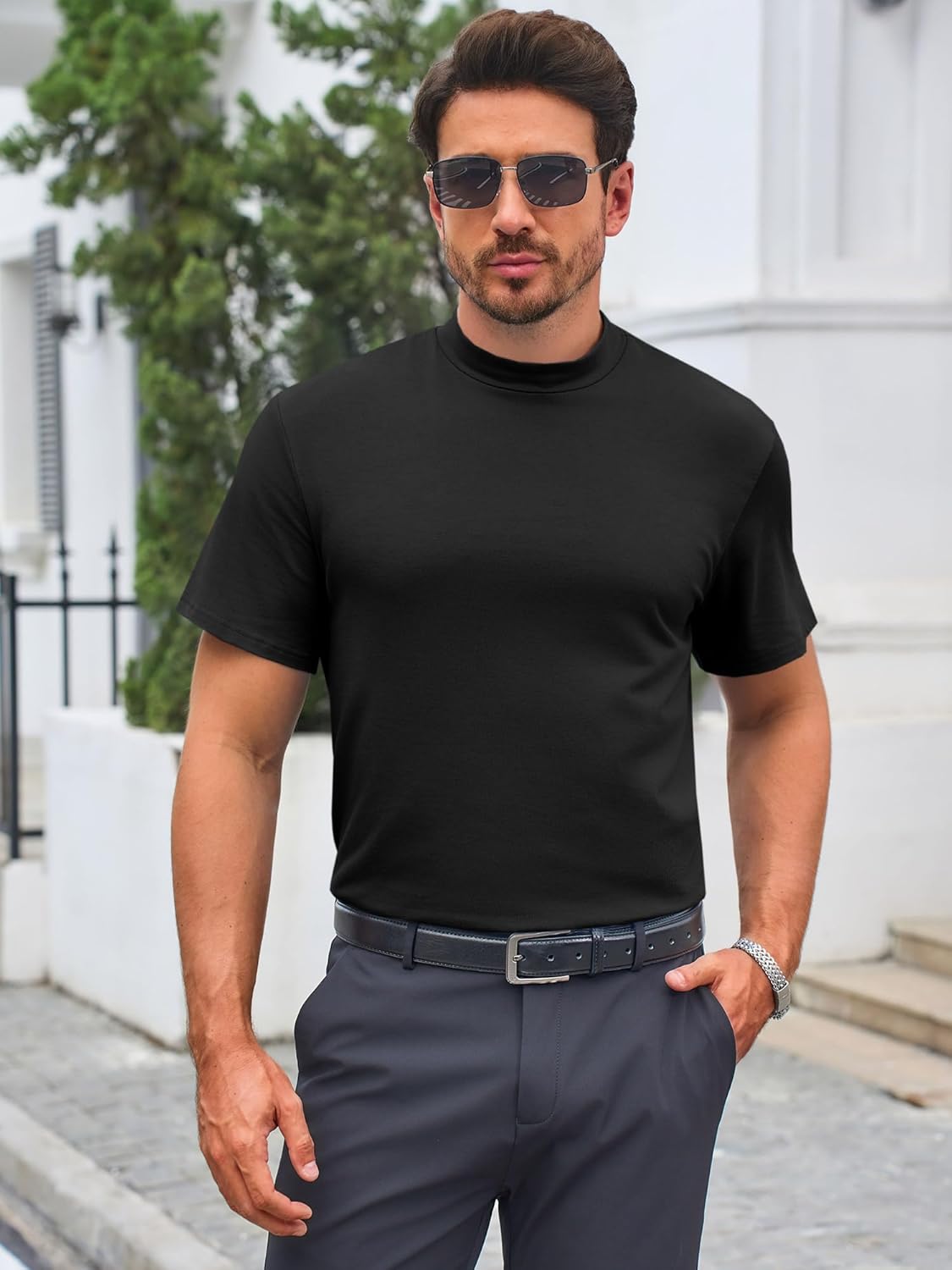 Mens Mock Turtleneck T Shirts Short Sleeve Cotton Basic Undershirt Relaxed Fit Lightweight Solid Pullover Tops - Image 3