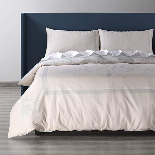 Exclusive Fabrics Furnishings Villa - Juego de funda de edredón reversible de algodón con estampado de percal gris y tostado, tamaño Queen