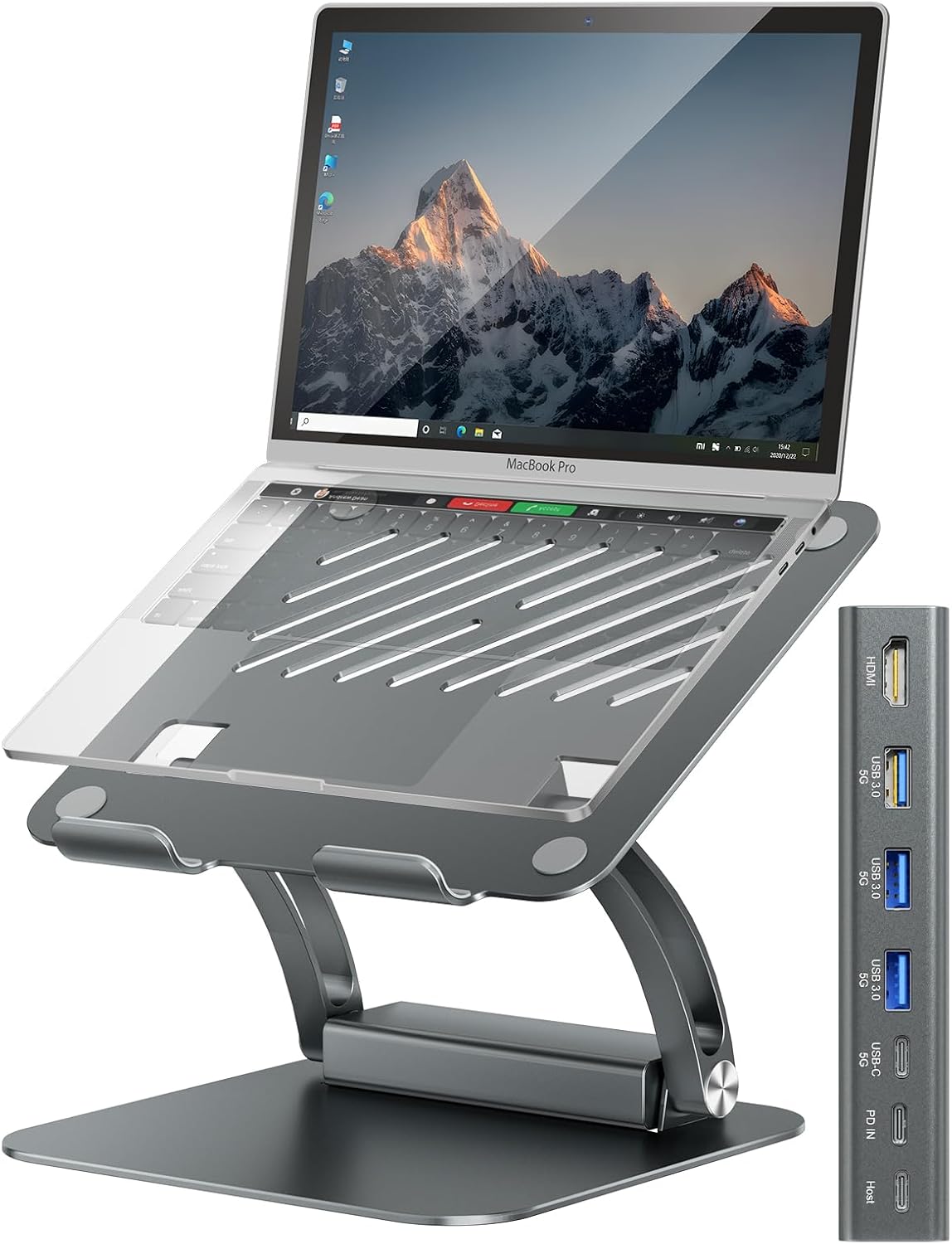 tounee Laptop Stand with Detachable USB-C Hub, 100W PD Charging, 4K@60Hz HDMI, 3 USB Ports, Ergonomic Laptop Holder Docking Station for 10-17" Laptops, MacBook & More - Gray