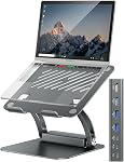 Support d'ordinateur portable Tounee avec hub USB-C détachable, chargement PD 100W, HDMI 4K@60Hz, ports USB-A et USB-C 3.0, port hôte, support d'ordinateur portable ergonomique en aluminium pour ordinateurs de 10 à 17 po, MacBook et plus (gris)