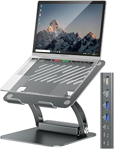 Support d'ordinateur portable Tounee avec hub USB-C détachable, chargement PD 100W, HDMI 4K@60Hz, ports USB-A et USB-C 3.0, port hôte, support d'ordinateur portable ergonomique en aluminium pour ordinateurs de 10 à 17 po, MacBook et plus (gris)