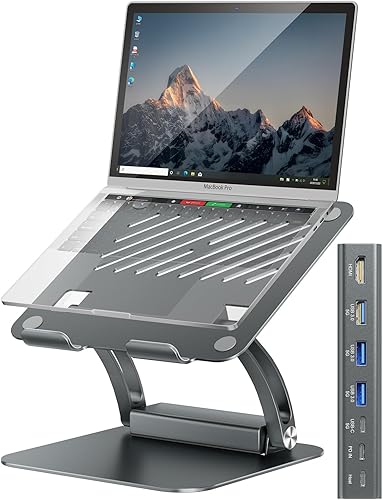 tounee Soporte para laptop con hub USB-C desmontable, carga PD de 100 W, HDMI 4K a 60 Hz, 3 puertos USB, estación de acoplamiento ergonómica para