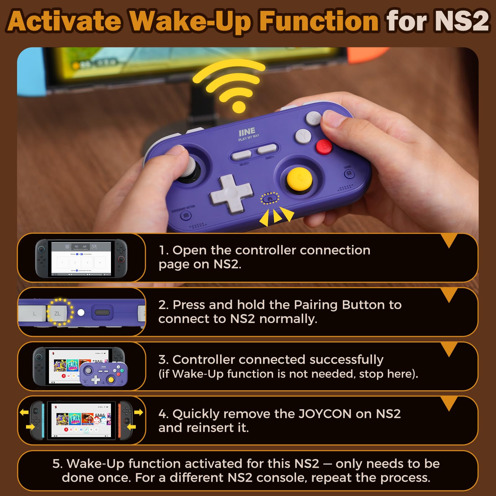 IINE Retro Pocket Game Controller with Hall Effect Joysticks, Switch 1 & 2 Compatible, Wireless Gamepad for Steam Deck, PC, Android, iOS, Customizable D-Pad, Vibration & Motion Control (Purple)