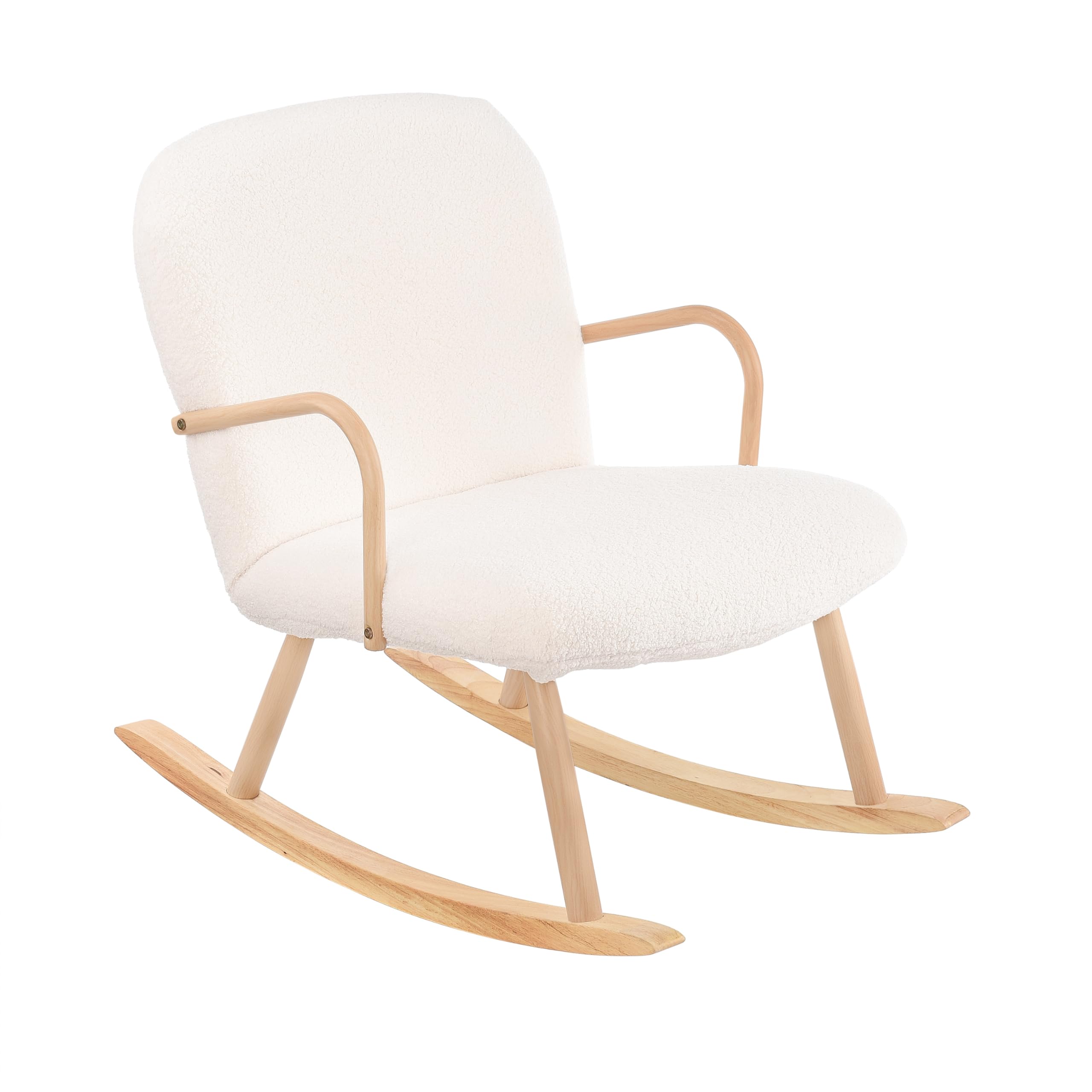 FEEOHOME Fauteuil Chambre Bébé, Chaise à Bascule avec Accoudoirs et Pieds en Bois, Velours Teddy Beige
