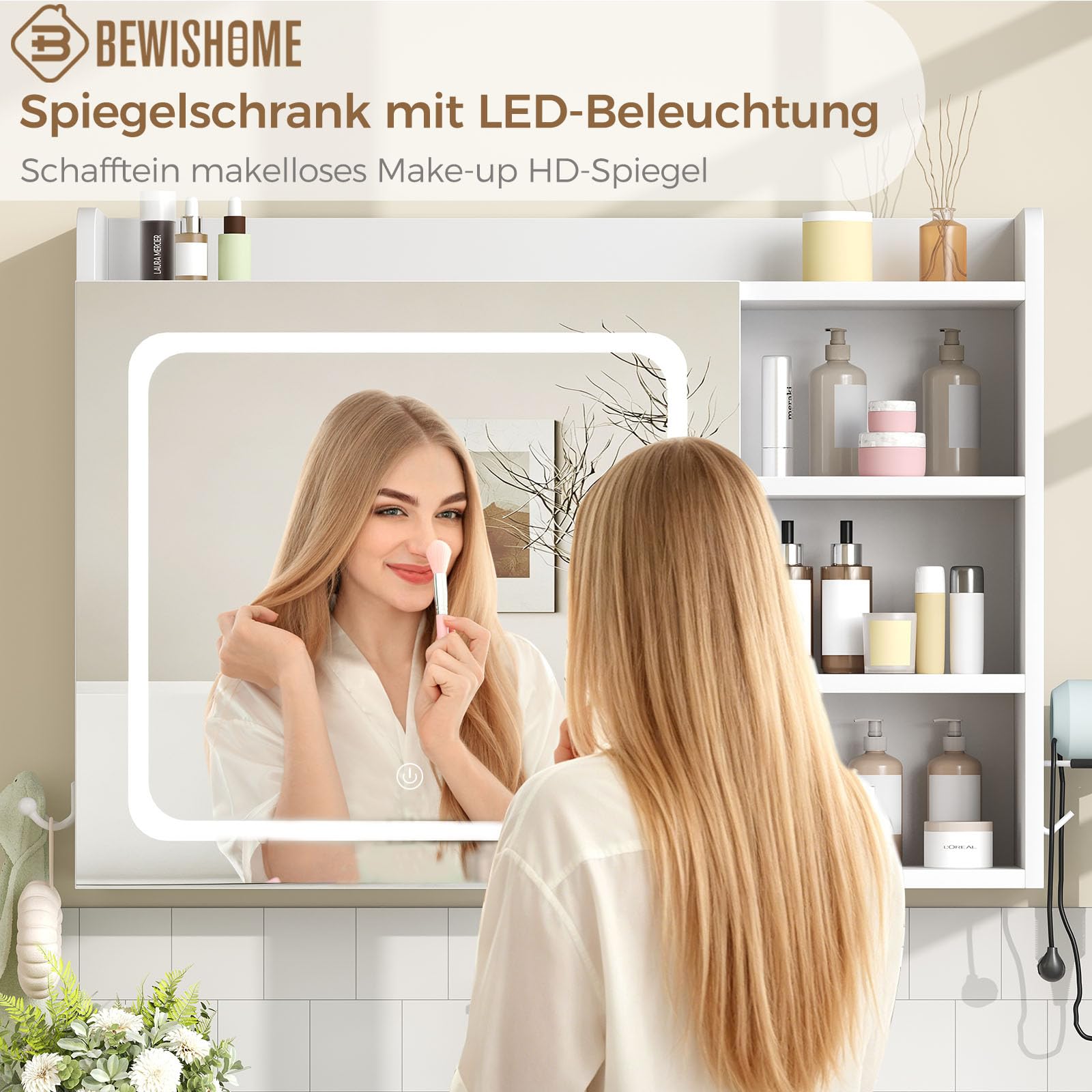 BEWISHOME Spiegelschrank Bad mit Beleuchtung,Badezimmer Spiegelschrank,Badezimmerschrank hängend mit 3 Farbtemperatur Dimmbare,verstellbare Ablagen und Föhnhalter Weiß 17.5 x 80 x 60 cm EYJG01W