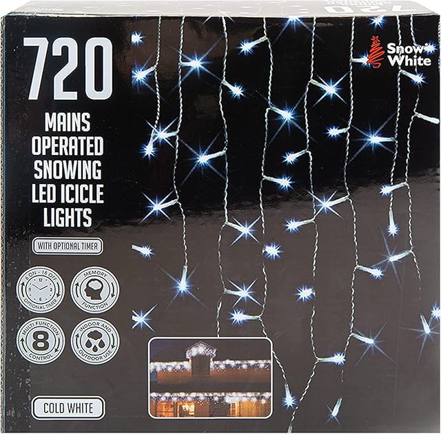 PMS VFM - 11.5M Cold White LED Snowing Icicle Christmas Fairy Lights - Mains Operated 720 Bulbs Indoor & Outdoor with Optional Timer & Multi Function Controls