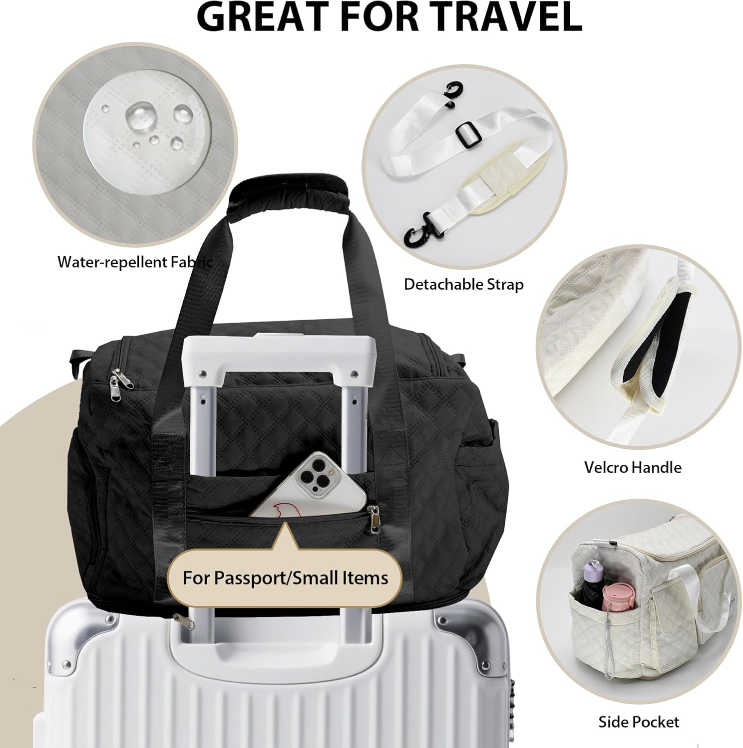 Waterproof Travel Duffel Bag, Weekender/Overnight Bag with Toiletry & Shoes Compartment, Quilted Carry-on Hospital Labor Bag (Black)