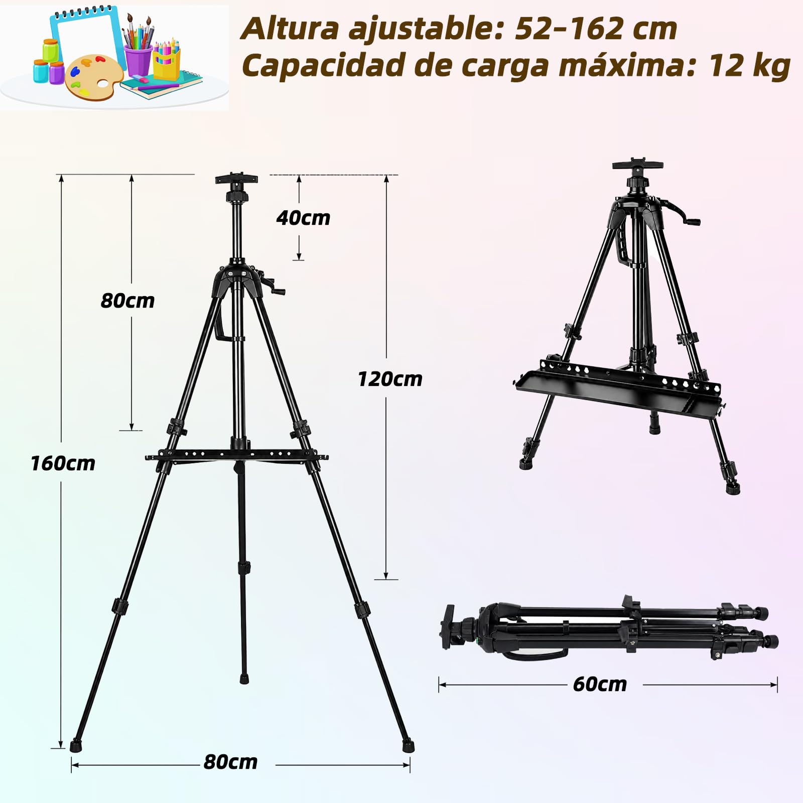 Caballete de aluminio 52-162 cm, caballete ajustable con bolsa