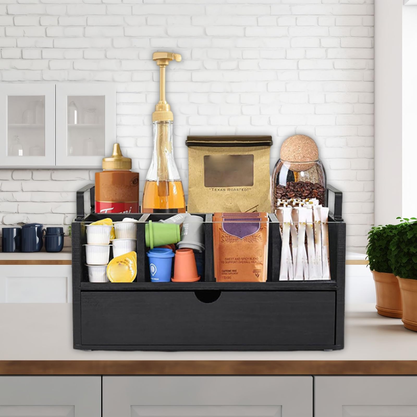 Organizador de Café y Té, Organizador de Barra de Café con 5 Compartimentos y 1 Cajón dispensador capsulas, Caja de Madera para Accesorios de Cafetera, Estación de Cafe de Escritorio (Negro)