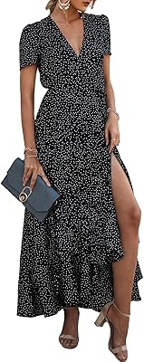 PRETTYGARDEN Women's Boho Floral Maxi Dress Summer Short Sleeve Wrap V Neck Long Flowy Beach Vacation Wedding Guest Dresses