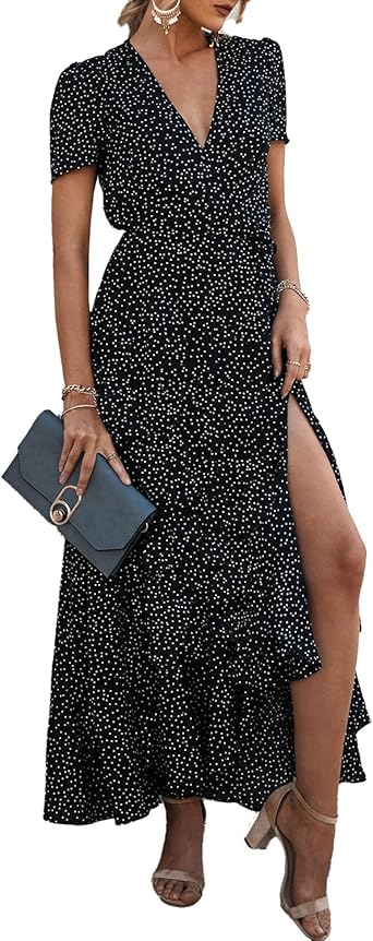 PRETTYGARDEN Women's Summer Maxi Dress Casual Wrap Floral Boho Short Sleeve V Neck Split Ruffle Beach Long Dresses