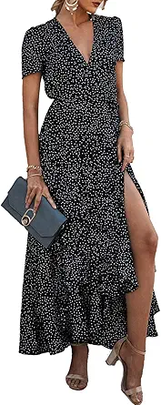 PRETTYGARDEN Women's Summer Maxi Dress Casual Wrap Floral Boho Short Sleeve V Neck Split Ruffle Beach Long Dresses
