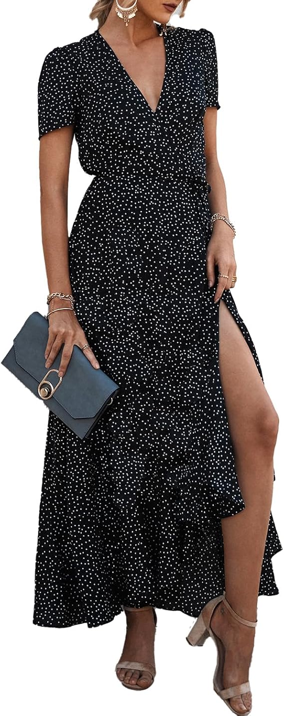 PRETTYGARDEN Women's Summer Maxi Dress Casual Wrap Floral Boho Short Sleeve V Neck Split Ruffle Beach Long Dresses