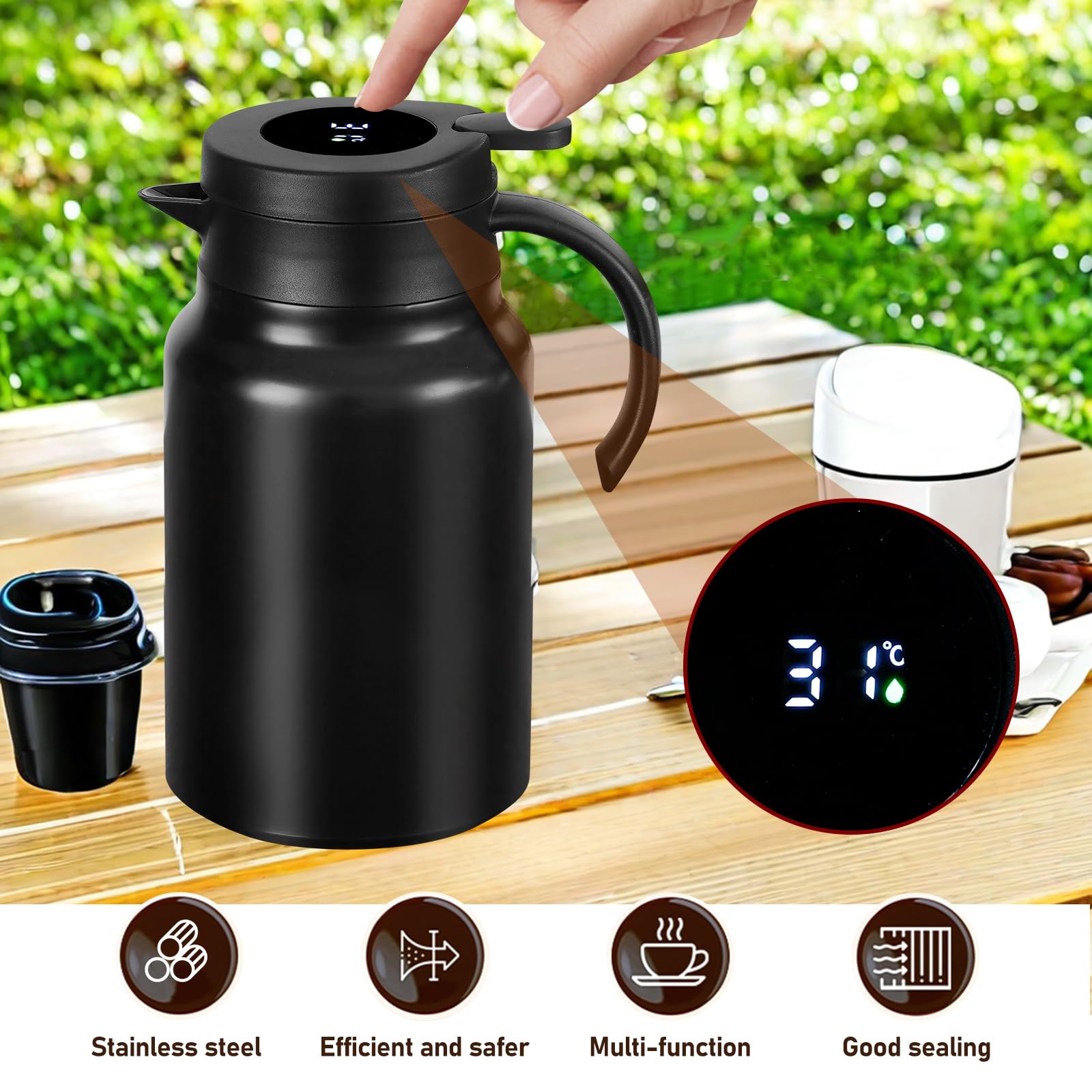 Thermoskan met theezeef en temperatuurweergave, 1,5 l thermoskan, thermoskan van dubbelwandig, roestvrij staal, warmhoudkan, thermoskan voor thee, koffie en melk