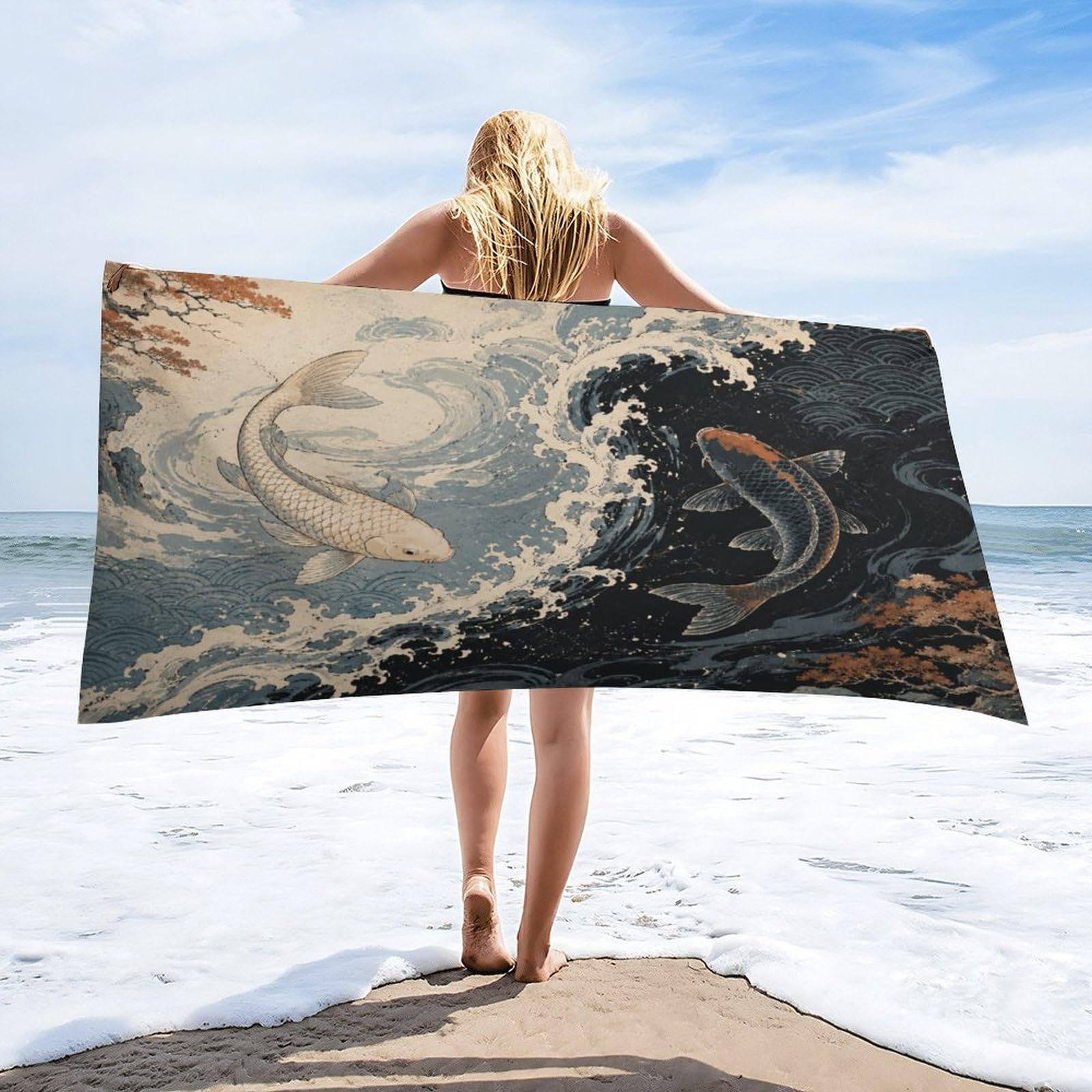 Anceky Yin Yang Koi Fish Wave Beach Towel 30"×60",Soft Microfiber Bath Towel Shawl, Quick Dry Absorbent Pool Spa Gym Shower Towel