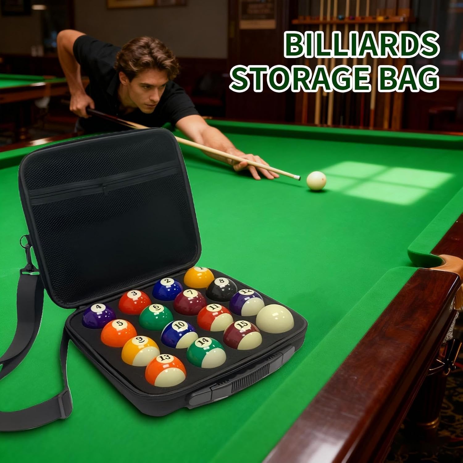 Billiard Ball Storage Case - Pool Table Accessory Organizer with Carry Handle and Strap | Lightweight Portable Bag for Home Game Night, Club, Outdoor Event, and Travel Sports Equipment Storage