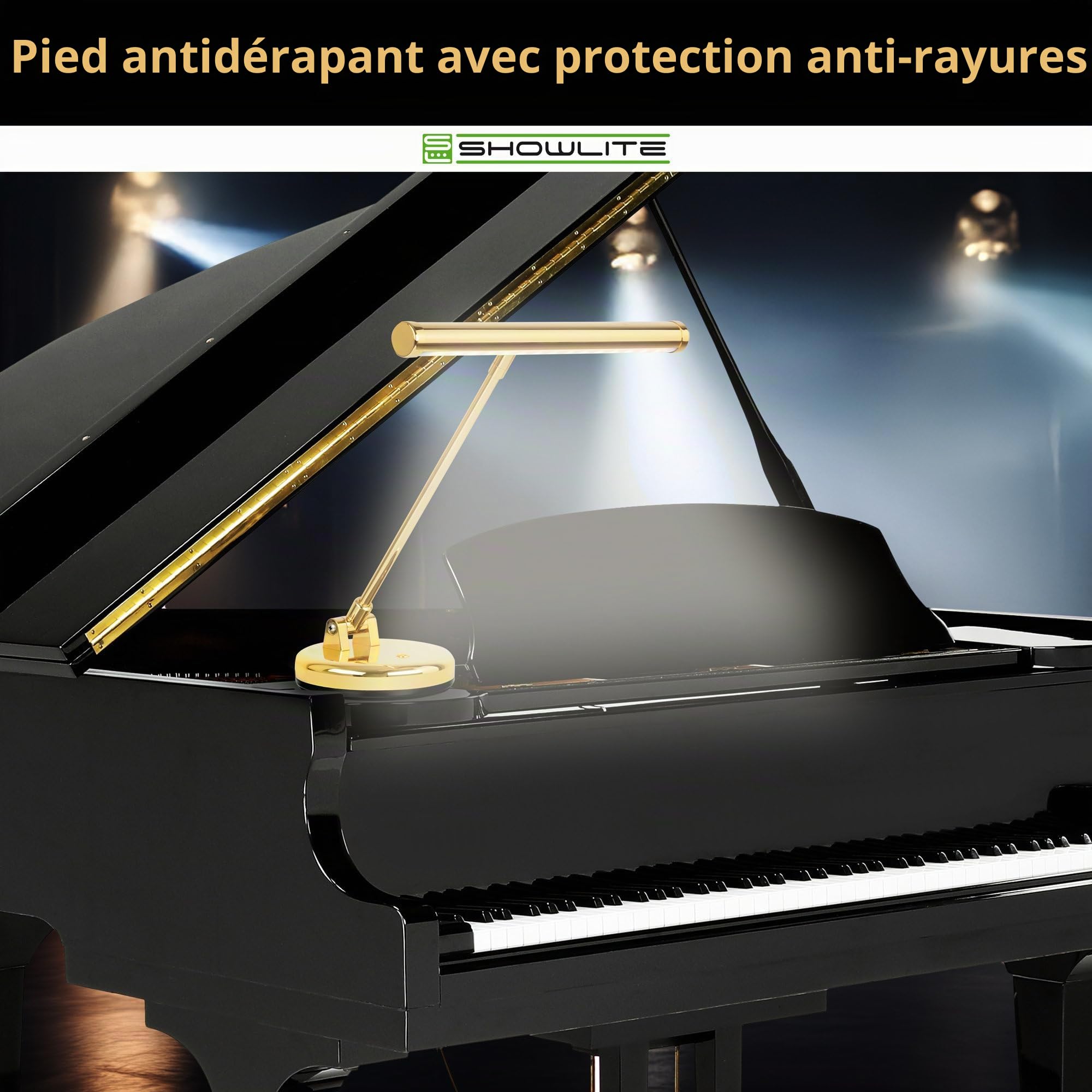 Showlite PL-1-GD-KW Lampe de Piano LED - Lampe de piano avec 15 LEDs - lumière blanc froid en 2 niveaux - hauteur 36 cm - alimentation par USB, secteur ou piles - or brillant