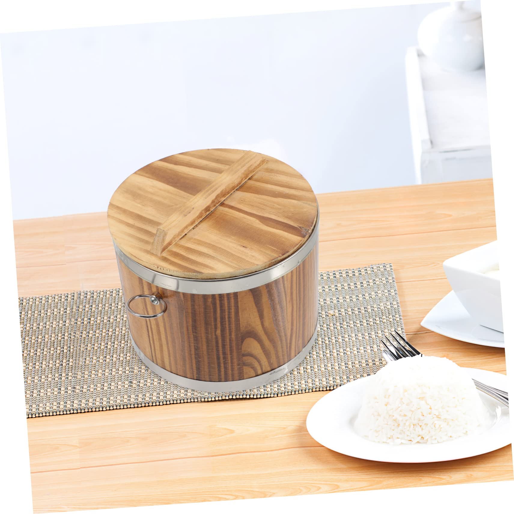 BRIGHTFUFU Sushi Barrel Sushi Bucket Rice Steaming Bucket Tofu Serving Container Rice Container Rice Cooling Bowl Hangiri Bowl Wooden Accessory Stainless Steel Light Brown