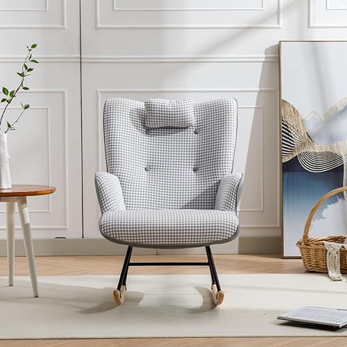 Miniatura 3 de Mecedora para guardería, cómoda mecedora con respaldo de ala con pata de gallo suave y tela de cuero, silla reclinable para sala de estar,