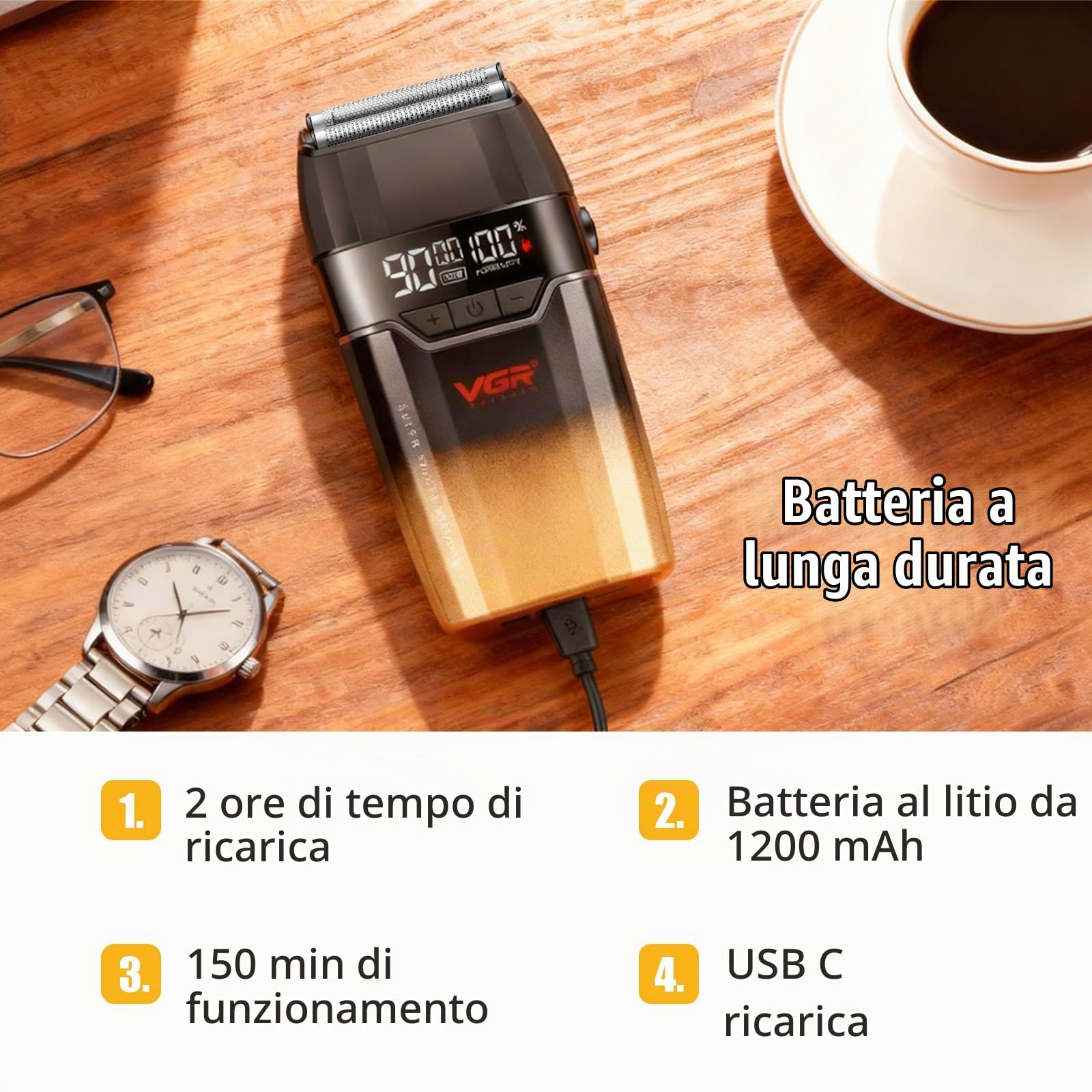 VGR 308 Rasoio Elettrico Barba Professionale Senza Fili, Foil Shaver con Lama a Doppio Strato in Titanio Floating E Motore da 9000RPM, Rasoio Barba Elettrico con Display LED, Ricarica USB, Oro