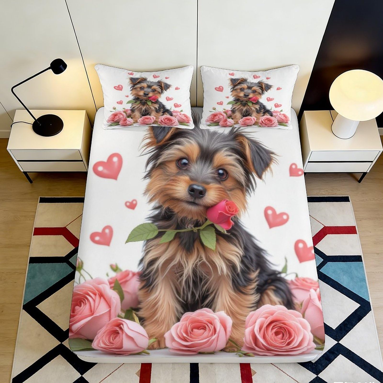 3D Printed Yorkshire Terrier Fitted Sheet Microfiber Cute Dog Hearts Bed Cover for Bedroom Dorm Room Decor Gift 90x200x25cm