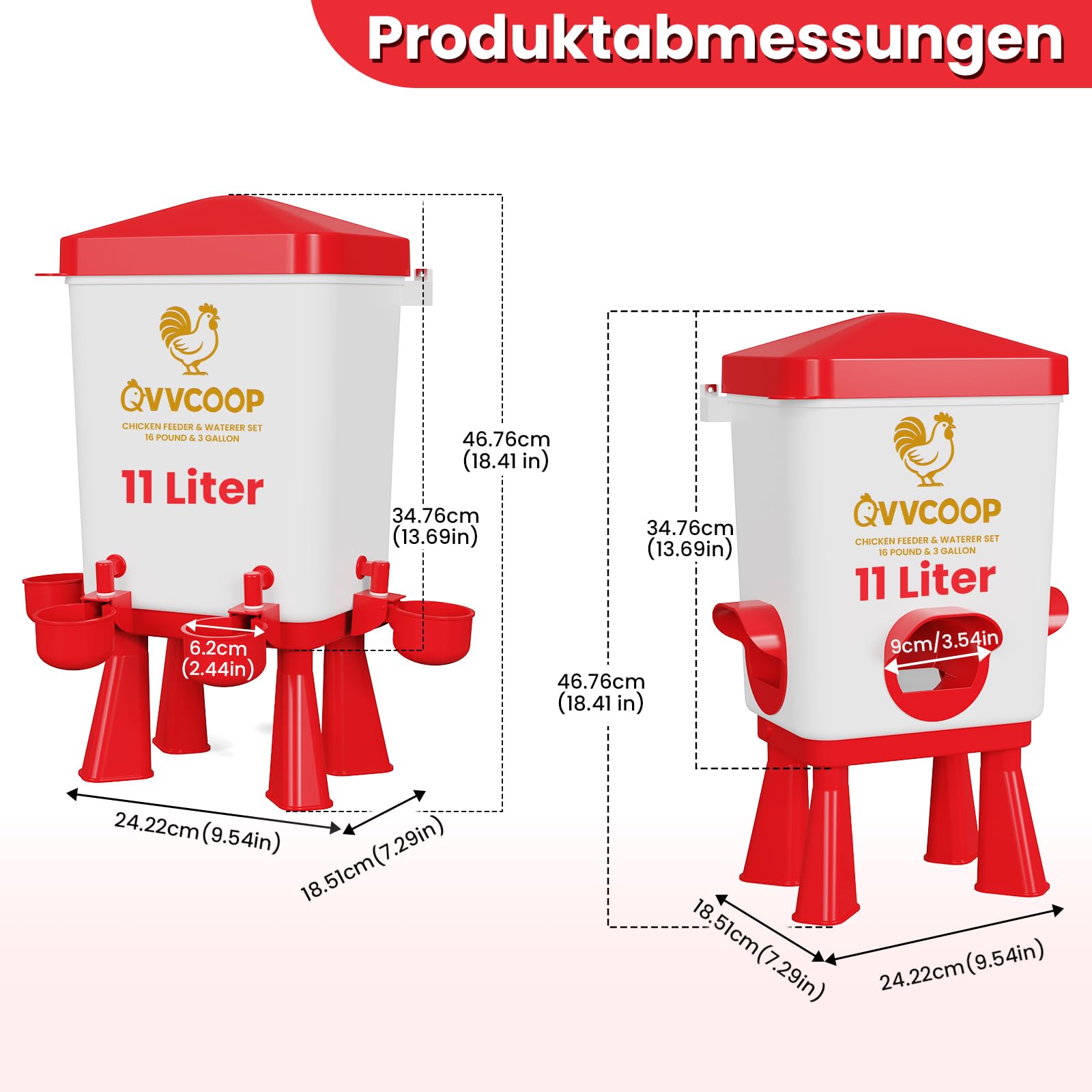 Futterautomat Hühner und Hühnertränke 11 Liter, Wassertränke Hühner mit 5 Bechern und 3 Futteröffnungen, Keine Verschwendung, Geflügeltränke, Hühnerzubehör für Hennen/Enten/Geflügel/Vögel, Rot
