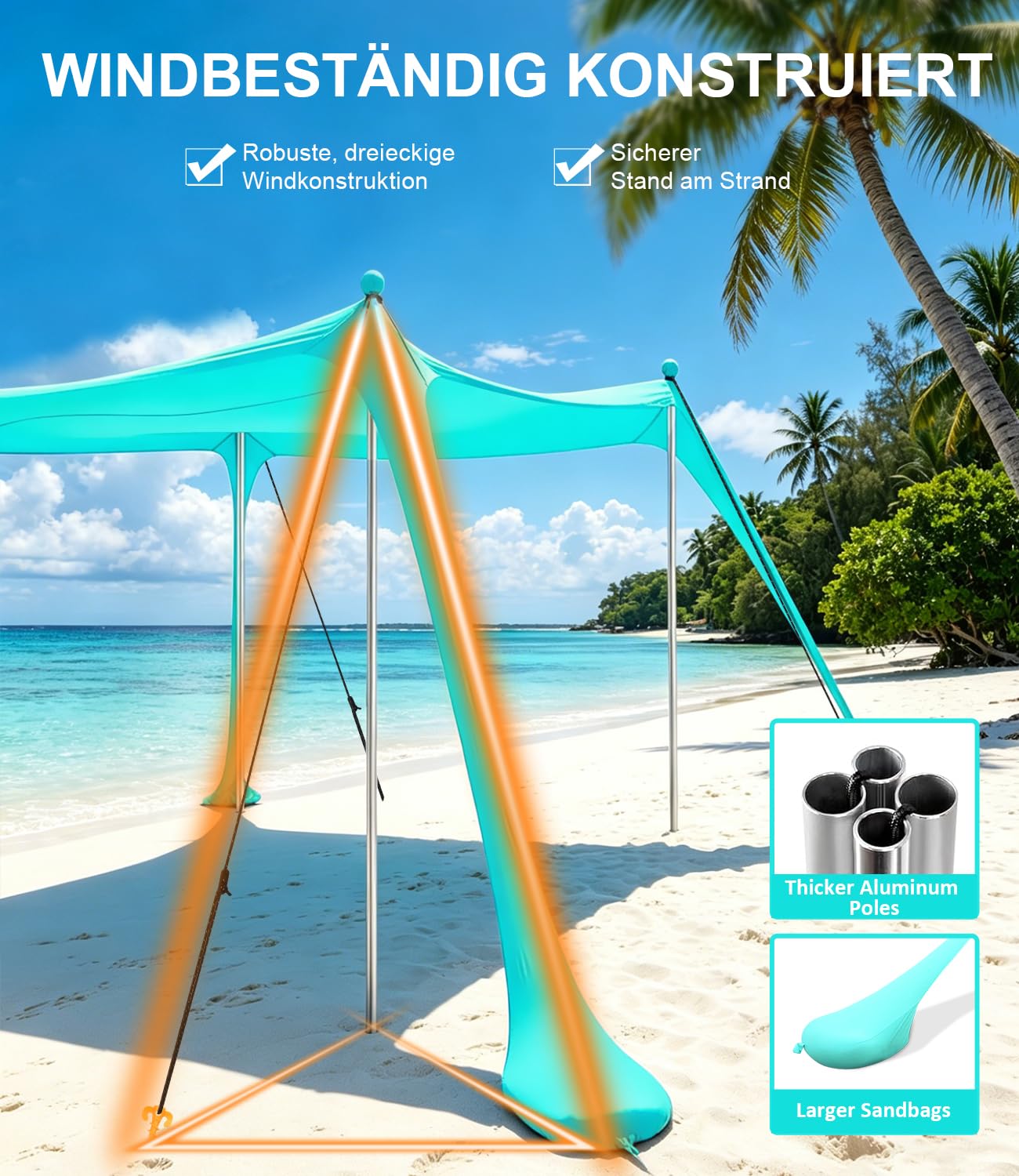 UPF50+ Strandzelt 3m x 3m Sonnenzelt mit Sandschaufel & Erdnägeln für Strand Camping Angeln