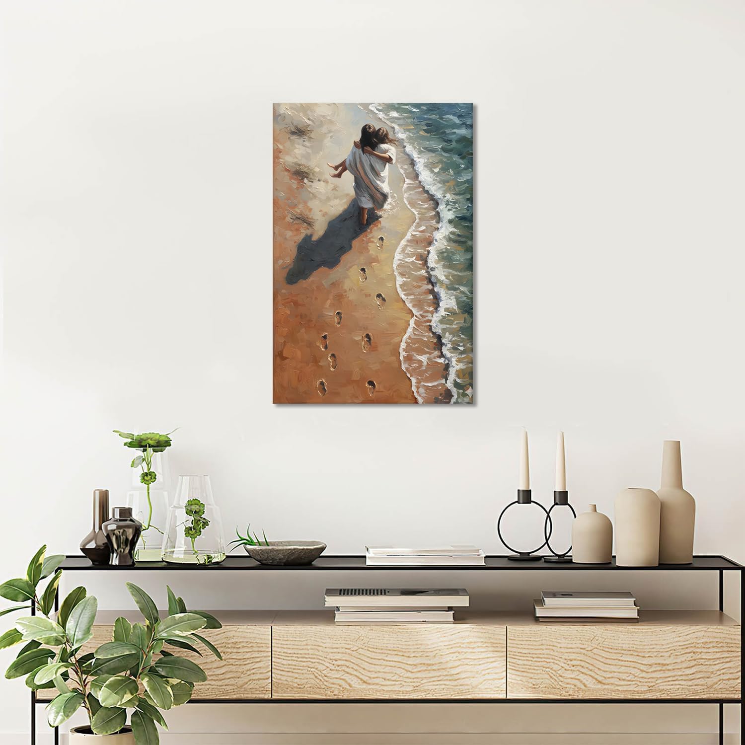 Jesus Holding Woman Canvas Wall Art Jesus Footprints in the Sand Wall Decor Pictures Christian Bible Poster Prints for Living Room Bedroom Home Decoration 16x24in Ready to Hang